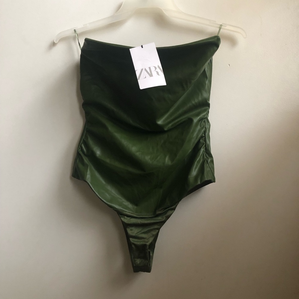ZARA Olive Green Faux Leather Bodysuit Size M